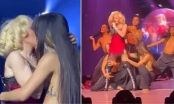 Madonna Brooklyn'de verdiğ konser sırasında üstsüz dansçıyı dudağından öptü!