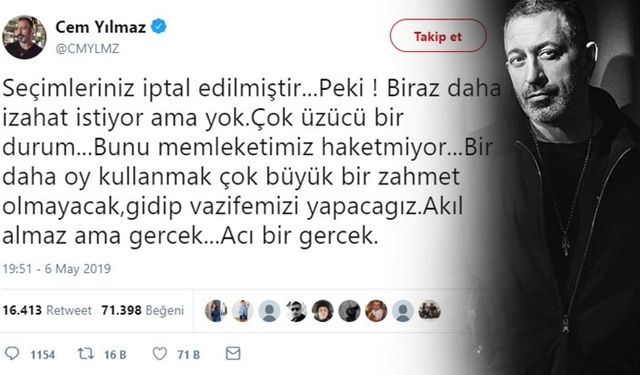 Cem Yılmaz seçim tekrarı kararına tepki gösterdi