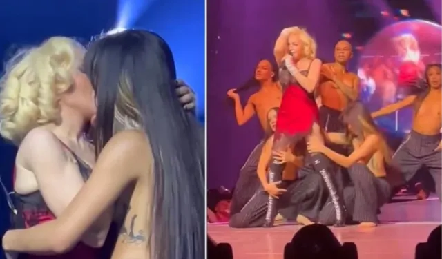 Madonna Brooklyn'de verdiğ konser sırasında üstsüz dansçıyı dudağından öptü!