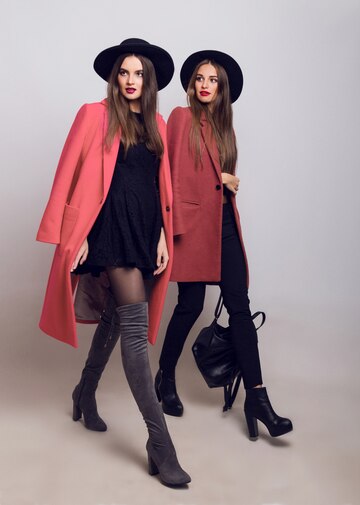 Two Fashionable Young Women Casual Trendy Spring Coat Boots With Heels Black Hat Stylish Handbag 273443 2433